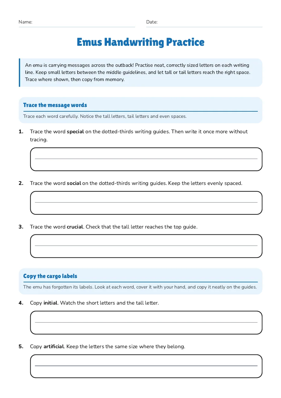 Emus Handwriting Practice, page 1 of 2: Trace the message words, Copy the cargo labels