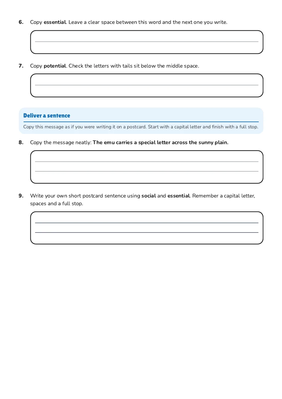 Emus Handwriting Practice, page 2 of 2: Deliver a sentence