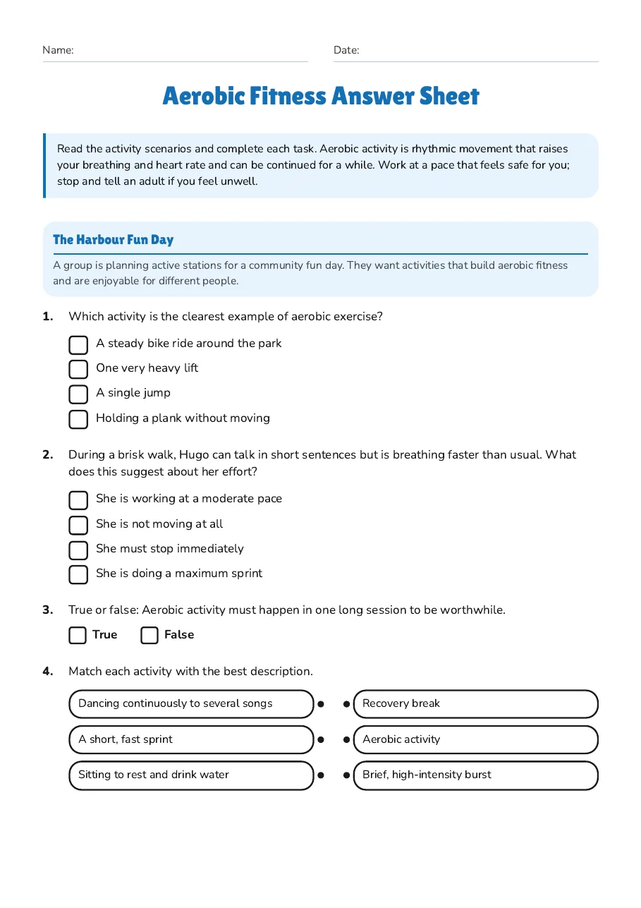 Aerobic fitness worksheet with a colourful illustration of children walking, cycling, swimming and dancing.