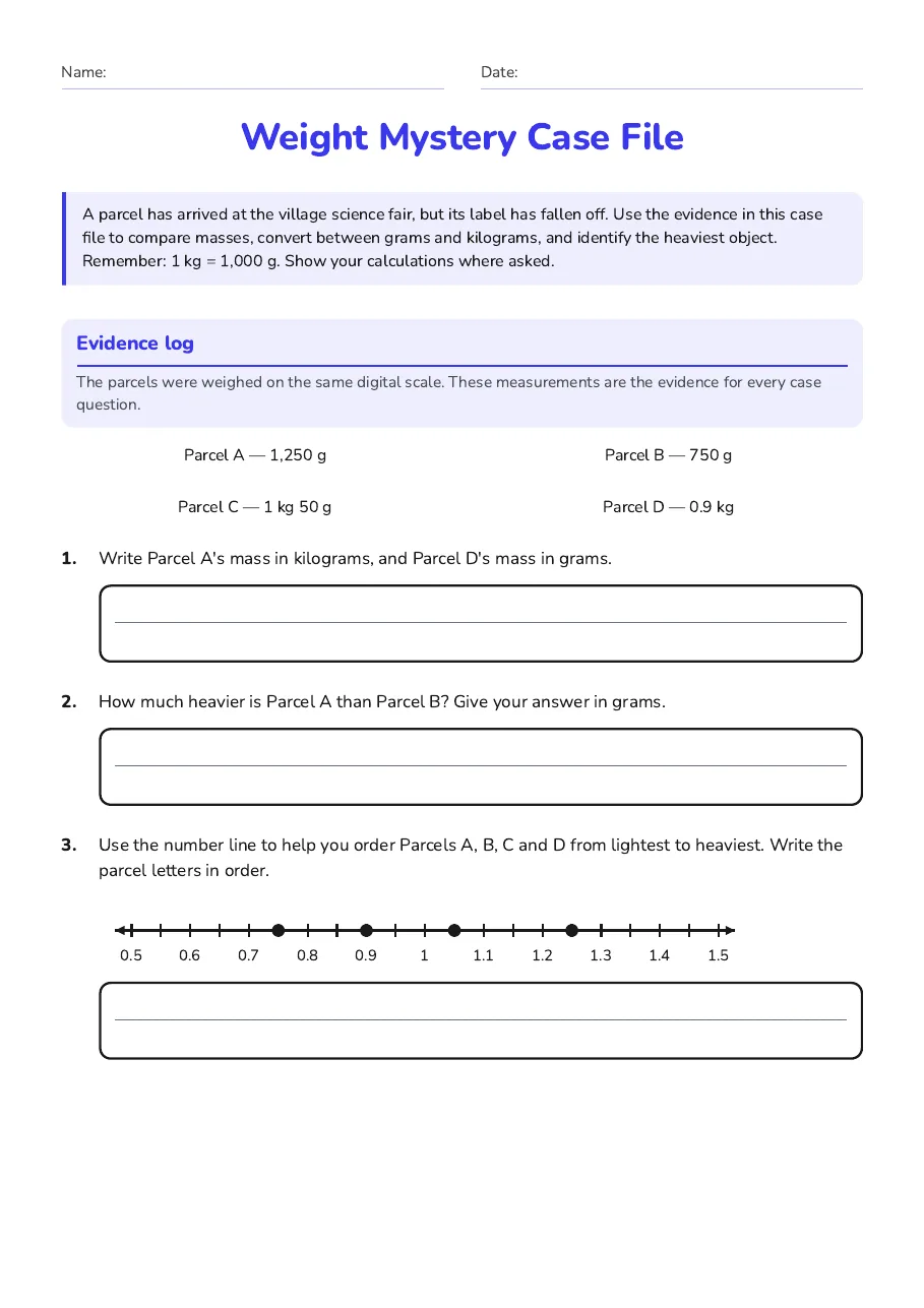 Weight Mystery Case File, page 1 of 2: Evidence log