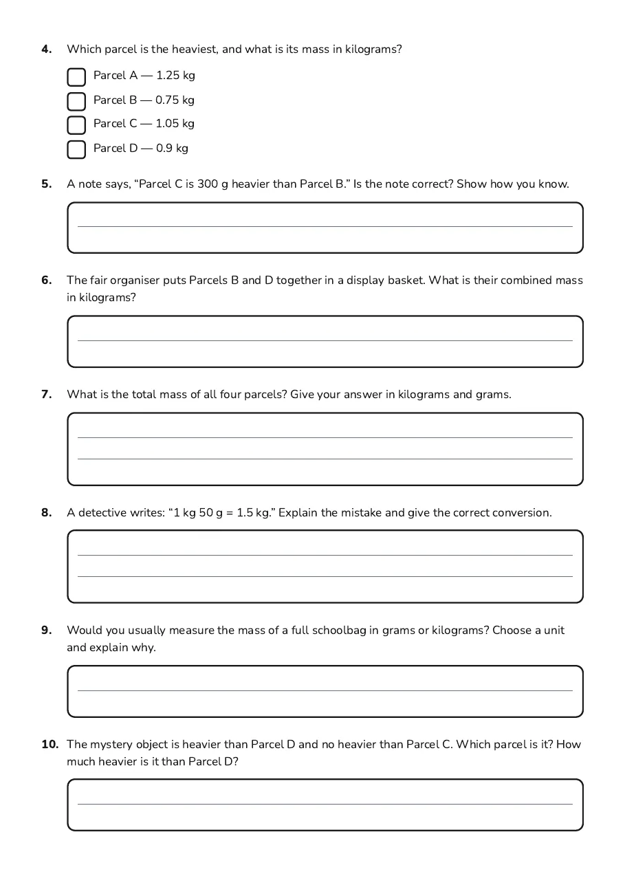 Weight Mystery Case File, page 2 of 2: 4. Which parcel is the heaviest, and what is its mass in kilograms?