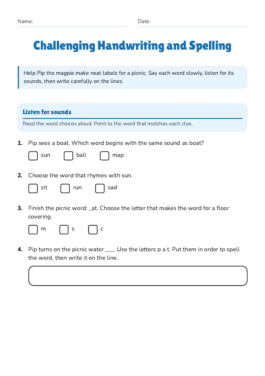 Challenging Handwriting and Spelling, page 1 of 3: Listen for sounds