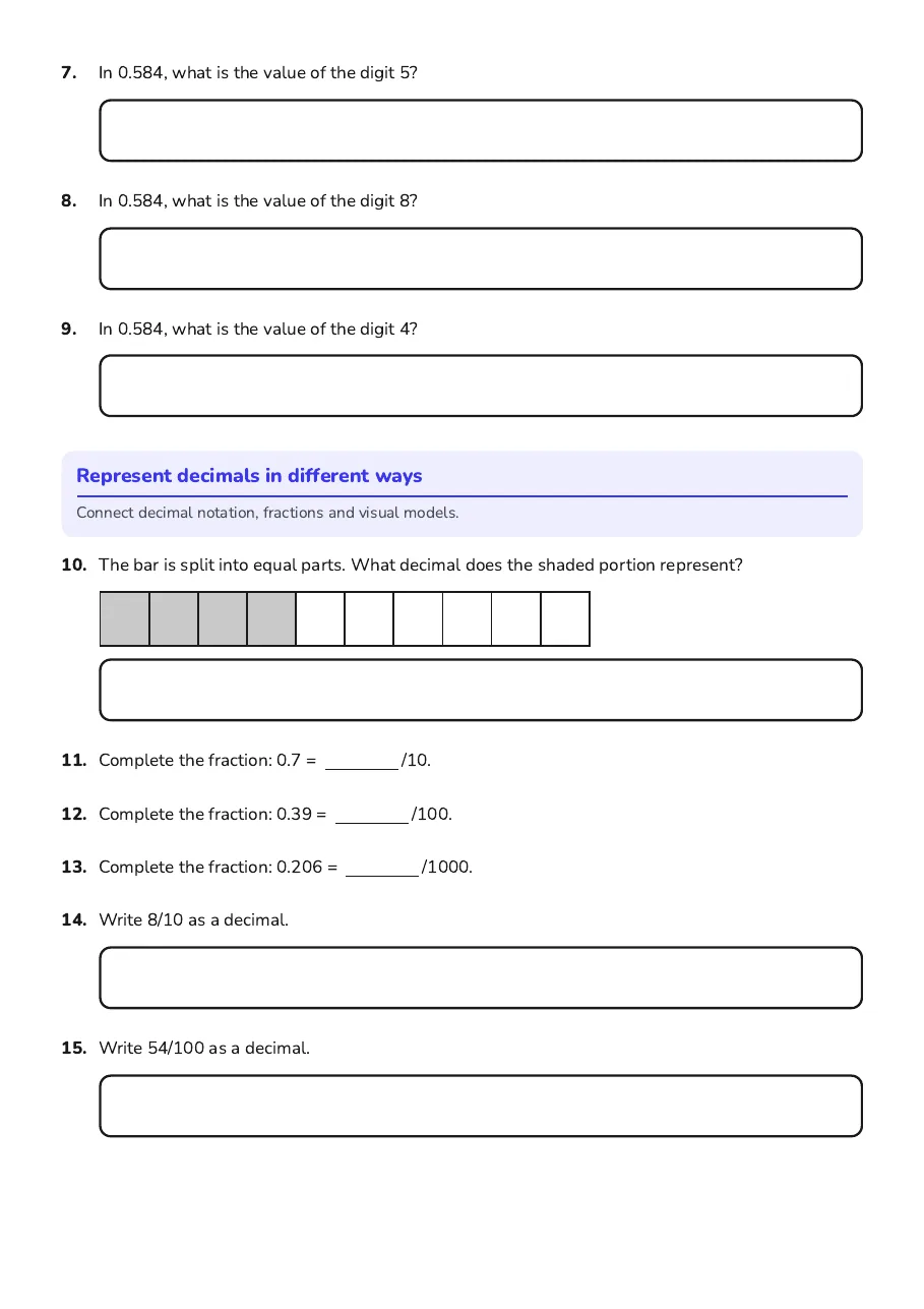 A tenths fraction bar and practice converting decimals and fractions.