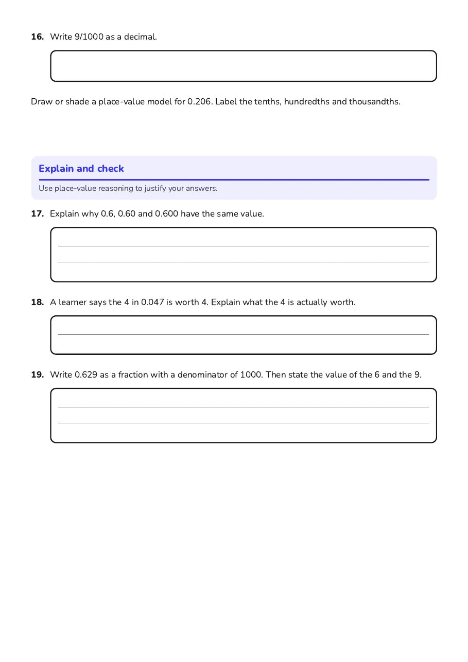 A place-value drawing task and written explanations about equivalent decimals.