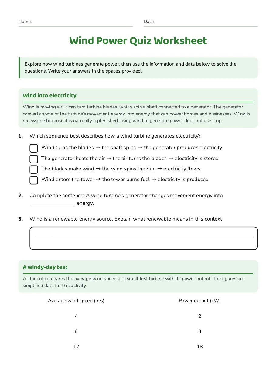 Wind Power Quiz Worksheet, page 1 of 3: Wind into electricity, A windy-day test
