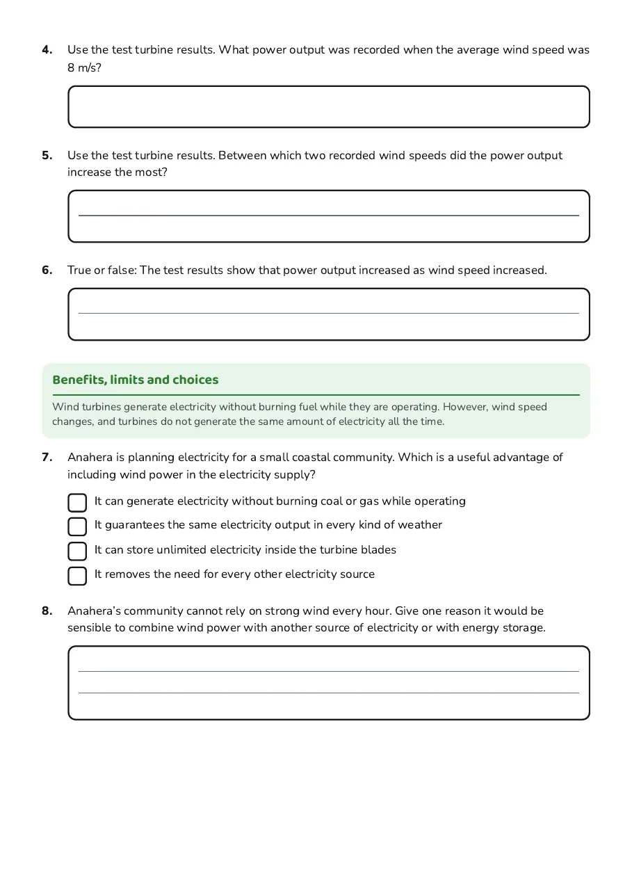 Wind Power Quiz Worksheet, page 2 of 3: Benefits, limits and choices