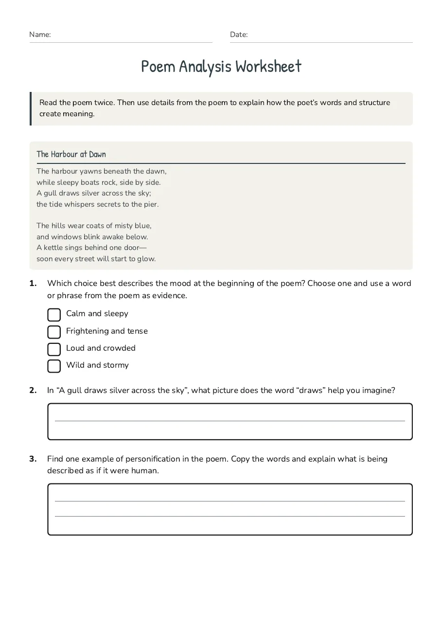 Poem Analysis Worksheet, page 1 of 2: The Harbour at Dawn