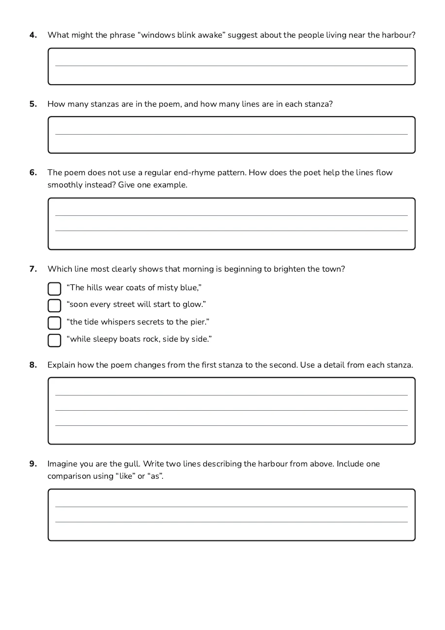 Poem Analysis Worksheet, page 2 of 2: 4. What might the phrase “windows blink awake” suggest about the people living near the…
