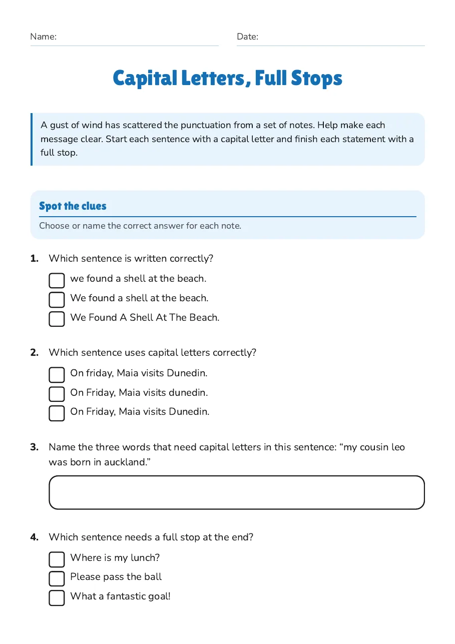 Capital Letters, Full Stops, page 1 of 2: Spot the clues