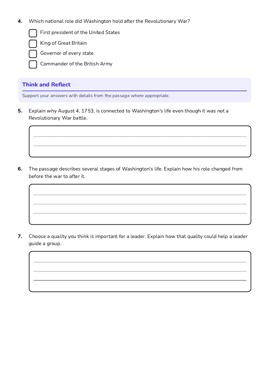 Multiple-choice and written-response questions about the passage and the stages of Washington’s life.