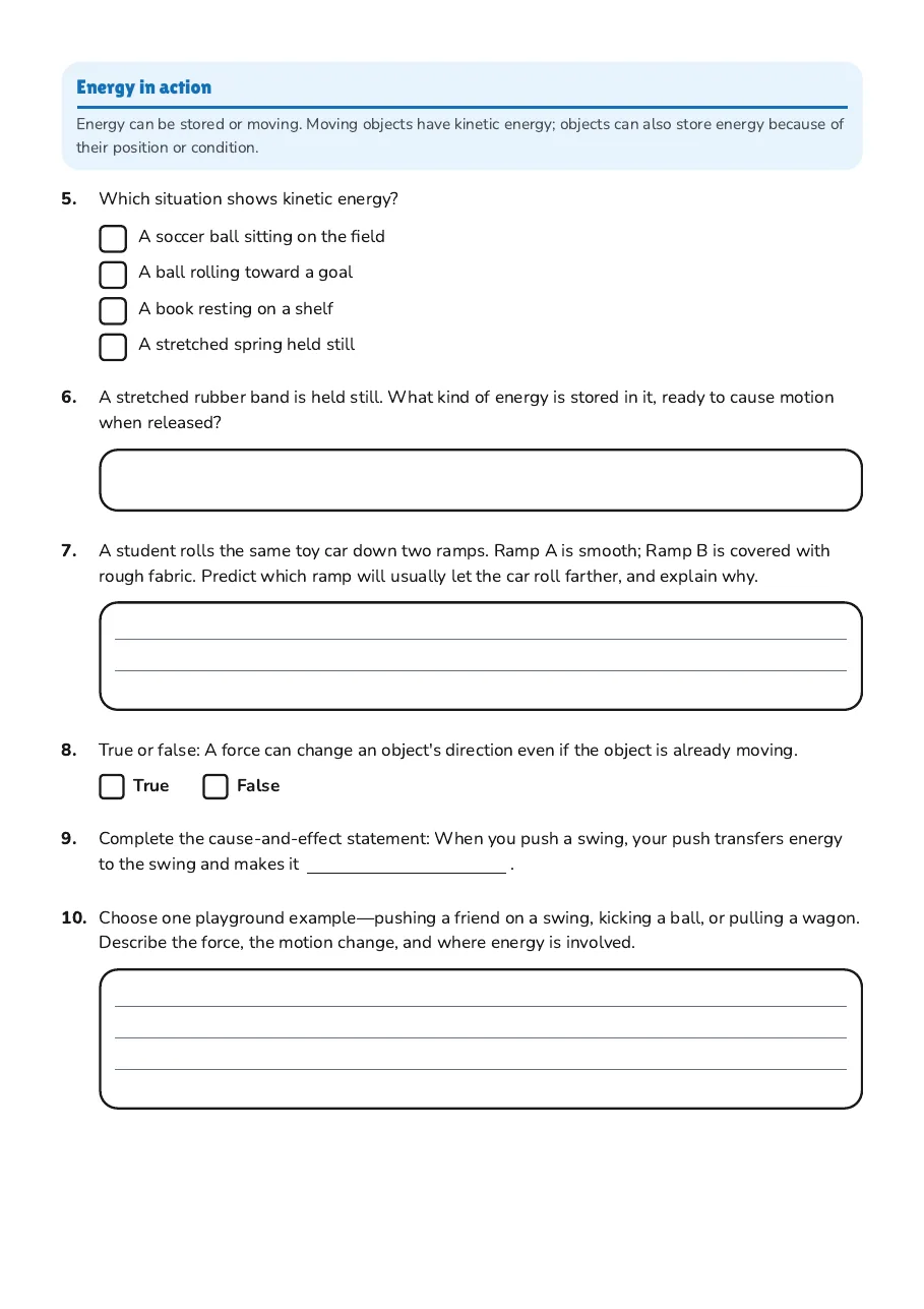 Energy and Forces Worksheet, page 2 of 2: Energy in action