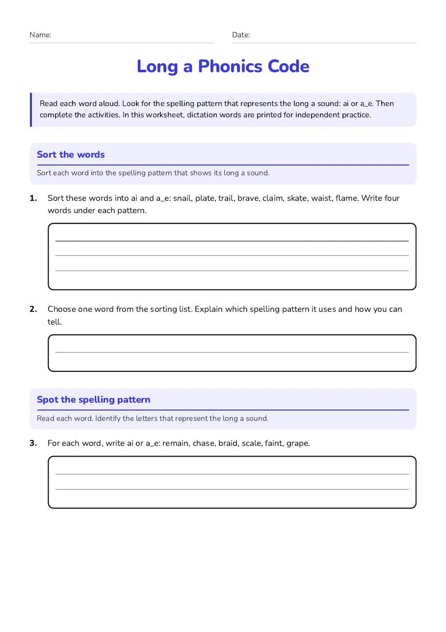 Long a Phonics Code, page 1 of 3: Sort the words, Spot the spelling pattern