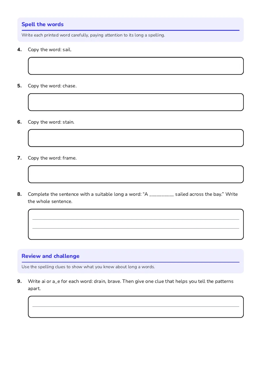 Long a Phonics Code, page 2 of 3: Spell the words, Review and challenge