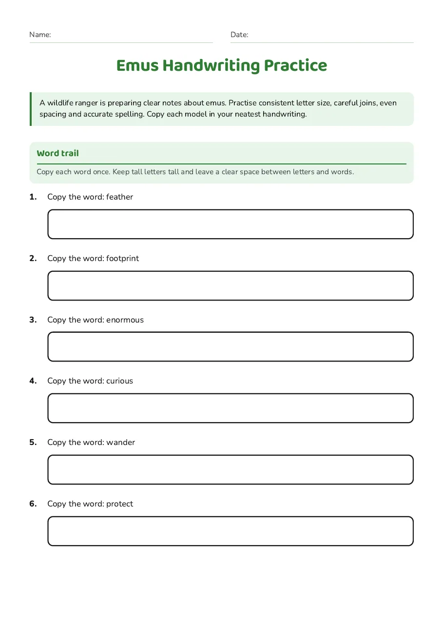 Emus Handwriting Practice, page 1 of 2: Word trail