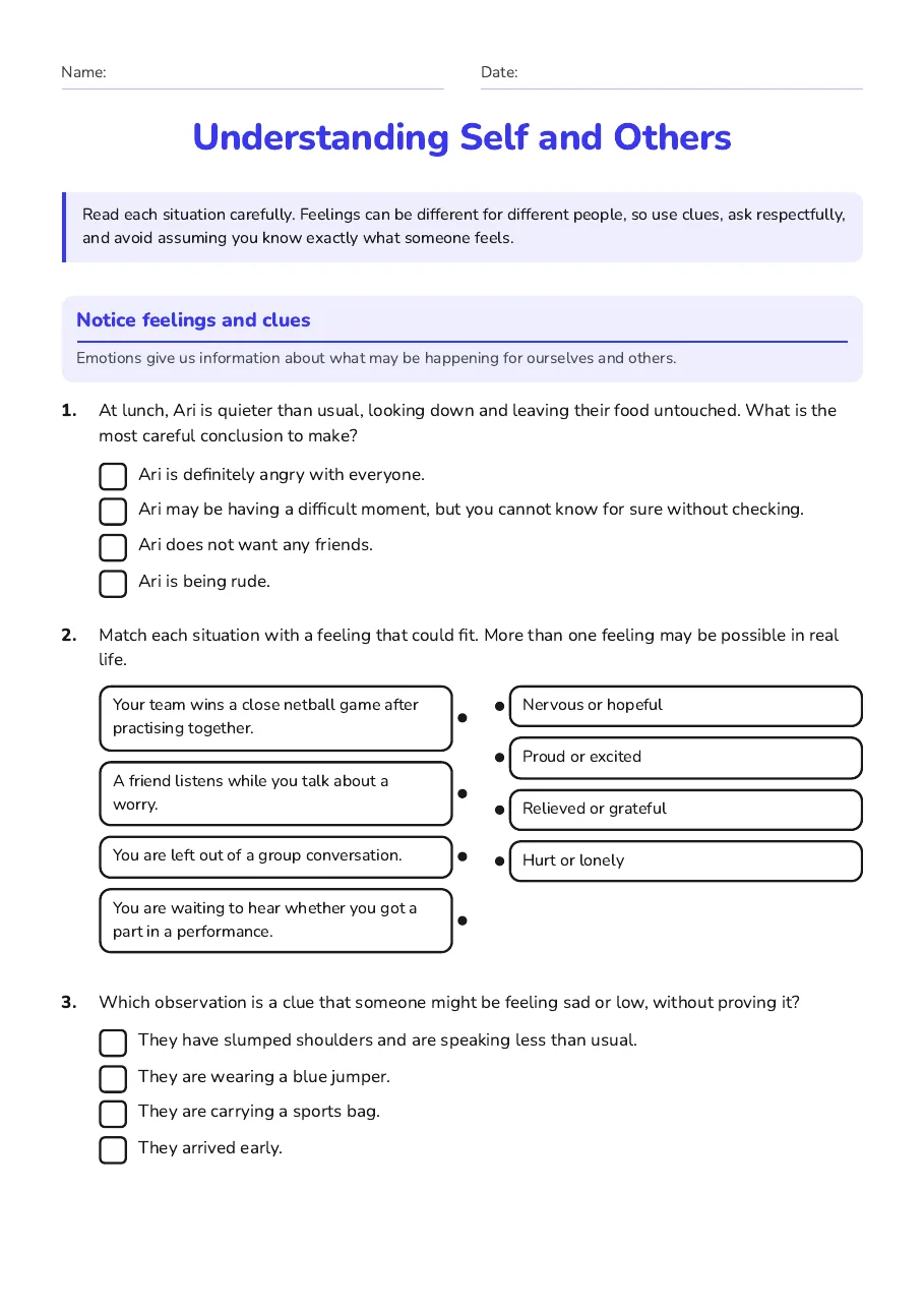 Understanding Self and Others, page 1 of 3: Notice feelings and clues