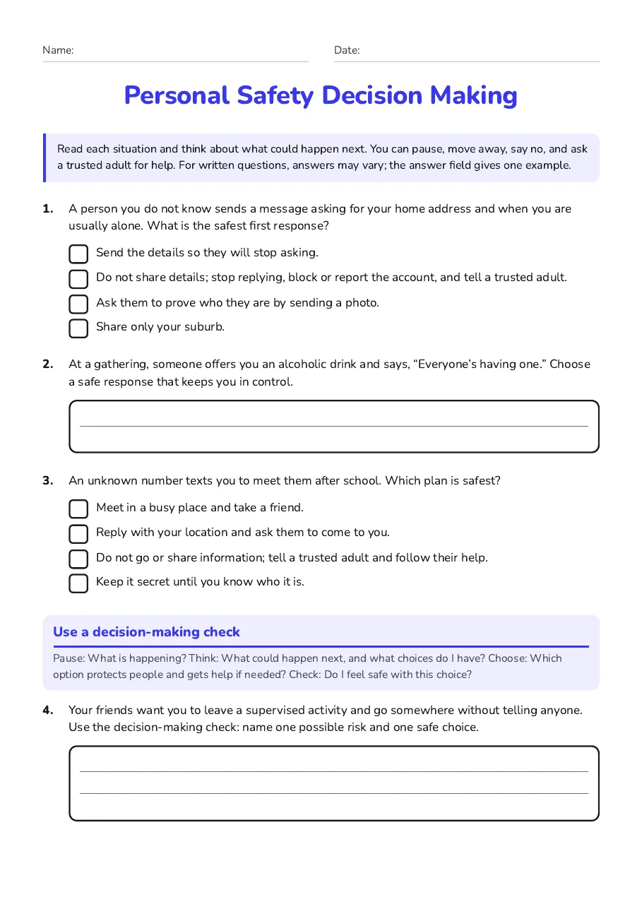 Personal Safety Decision Making, page 1 of 2: Use a decision-making check