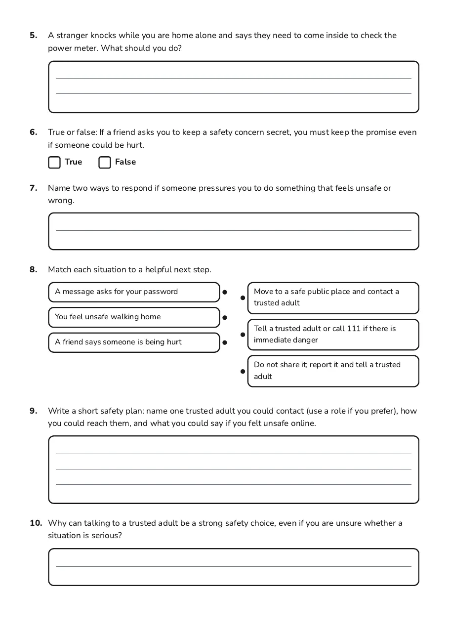 Personal Safety Decision Making, page 2 of 2: 5. A stranger knocks while you are home alone and says they need to come inside to check…