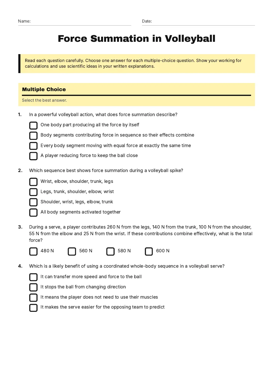 Force Summation in Volleyball, page 1 of 3: Multiple Choice