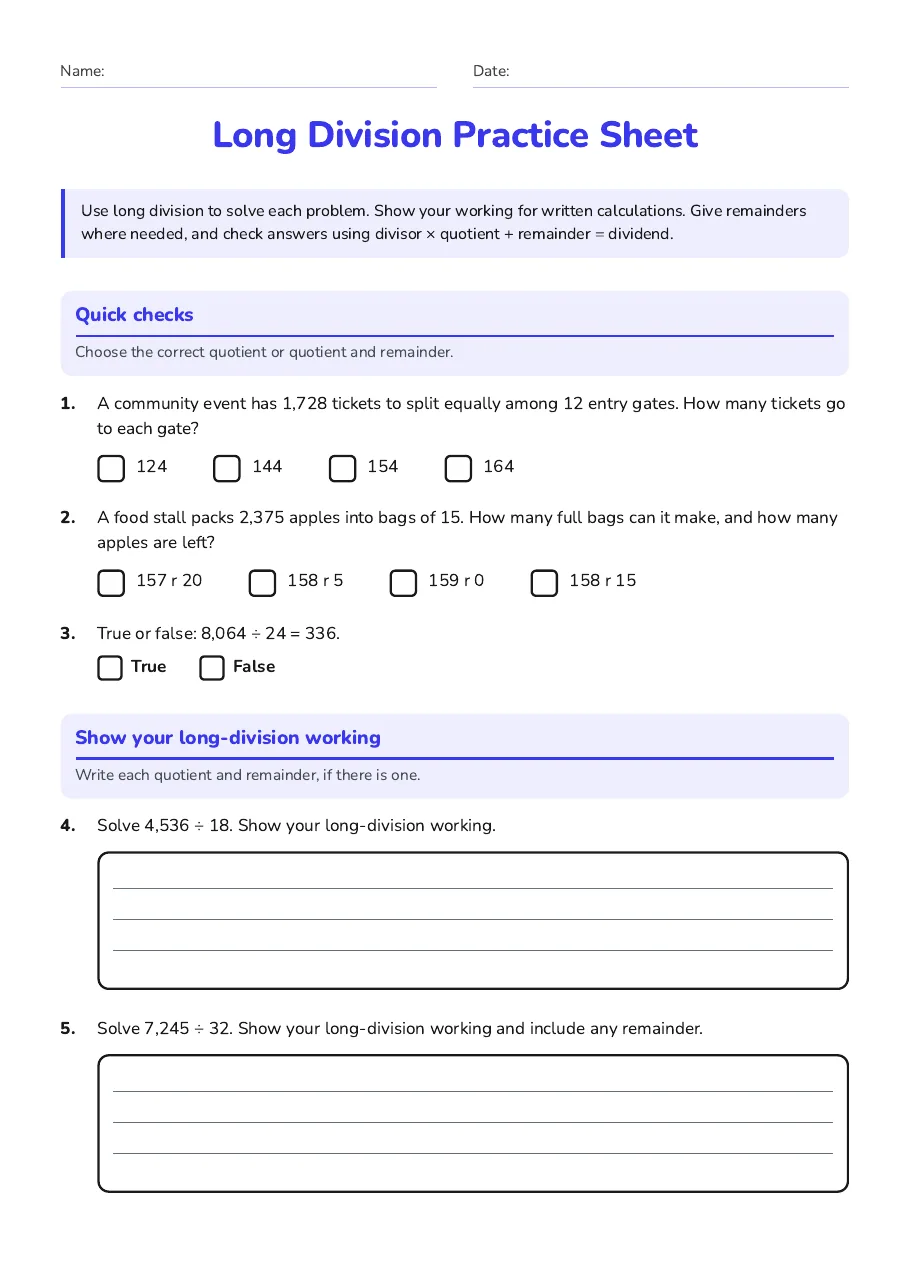Long division quick checks and written division problems, including event ticket and food-stall contexts.
