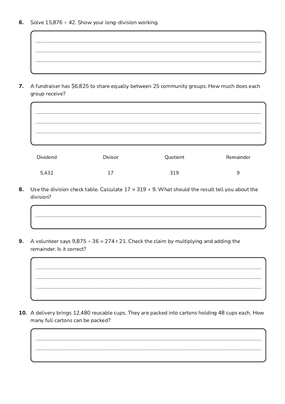 Division check table and applied long-division challenges about fundraising, packing and verifying remainders.