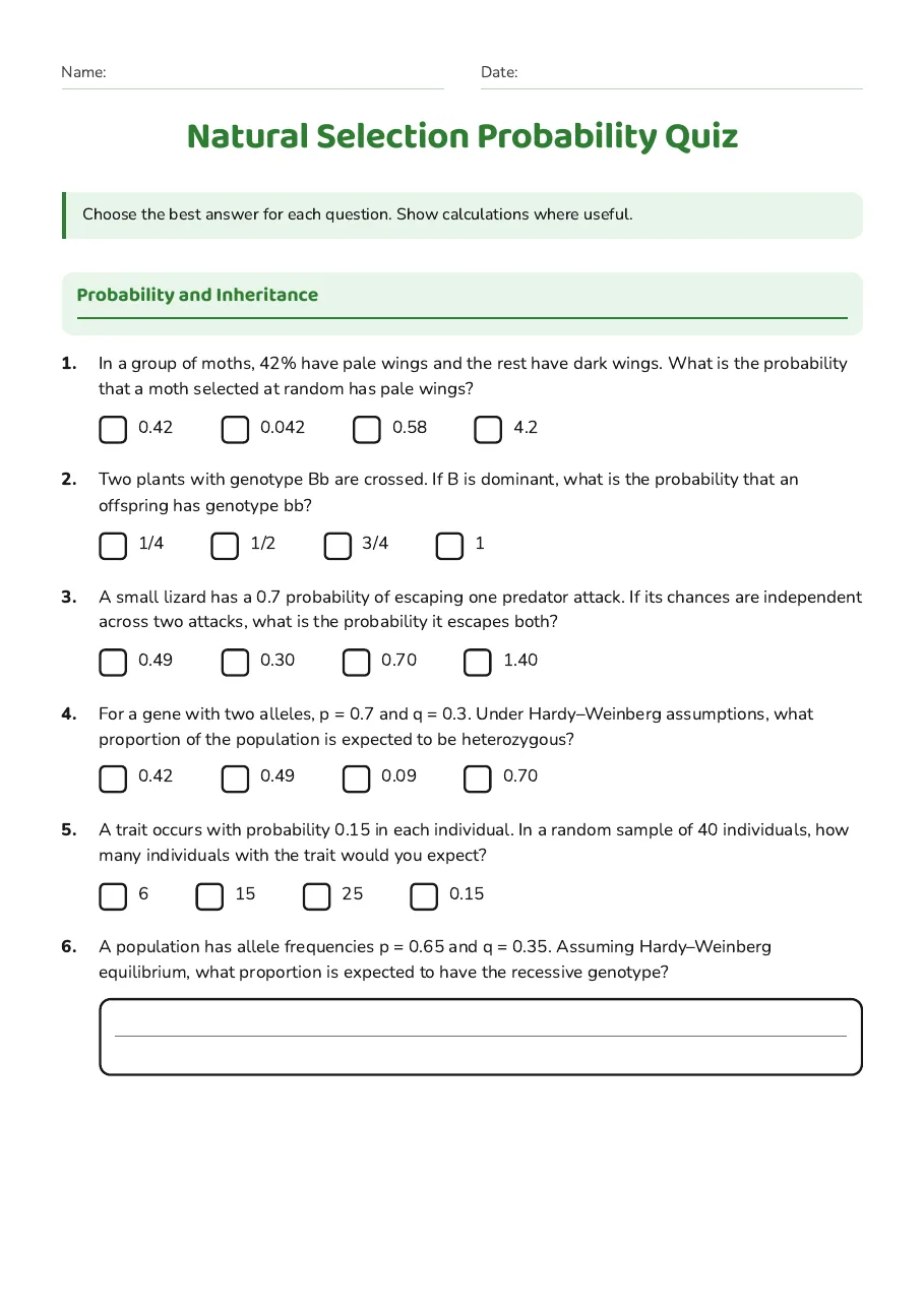 Natural Selection Probability Quiz, page 1 of 3: Probability and Inheritance