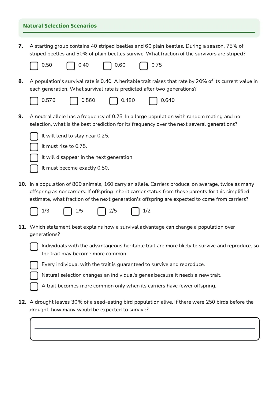Natural Selection Probability Quiz, page 2 of 3: Natural Selection Scenarios