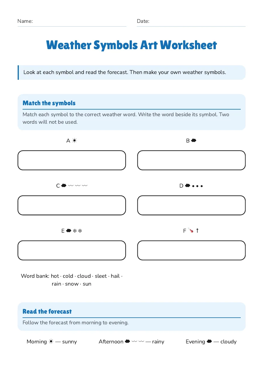 Weather Symbols Art Worksheet, page 1 of 3: Match the symbols, Read the forecast
