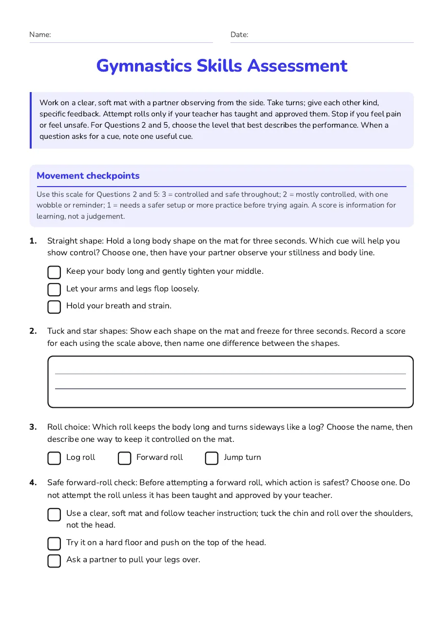 Gymnastics Skills Assessment, page 1 of 2: Movement checkpoints
