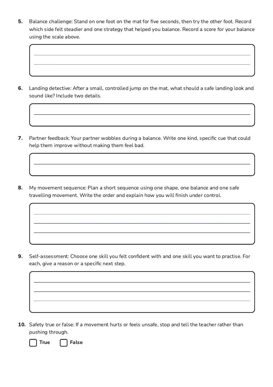 Gymnastics Skills Assessment, page 2 of 2: 5. Balance challenge: Stand on one foot on the mat for five seconds, then try the other…