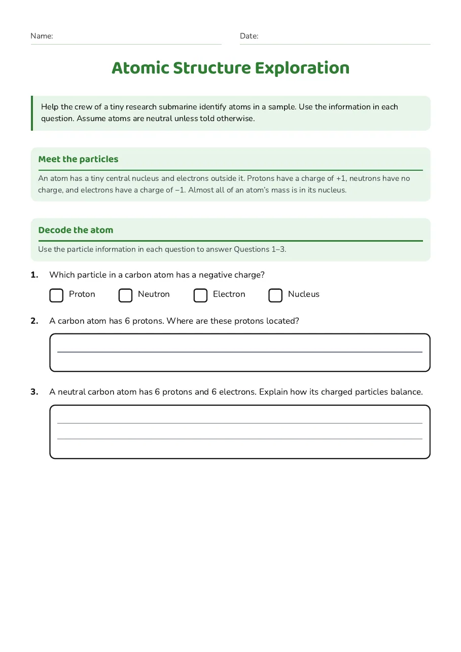 Atomic Structure Exploration, page 1 of 3: Meet the particles, Decode the atom