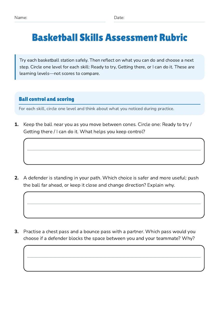 Basketball Skills Assessment Rubric, page 1 of 3: Ball control and scoring