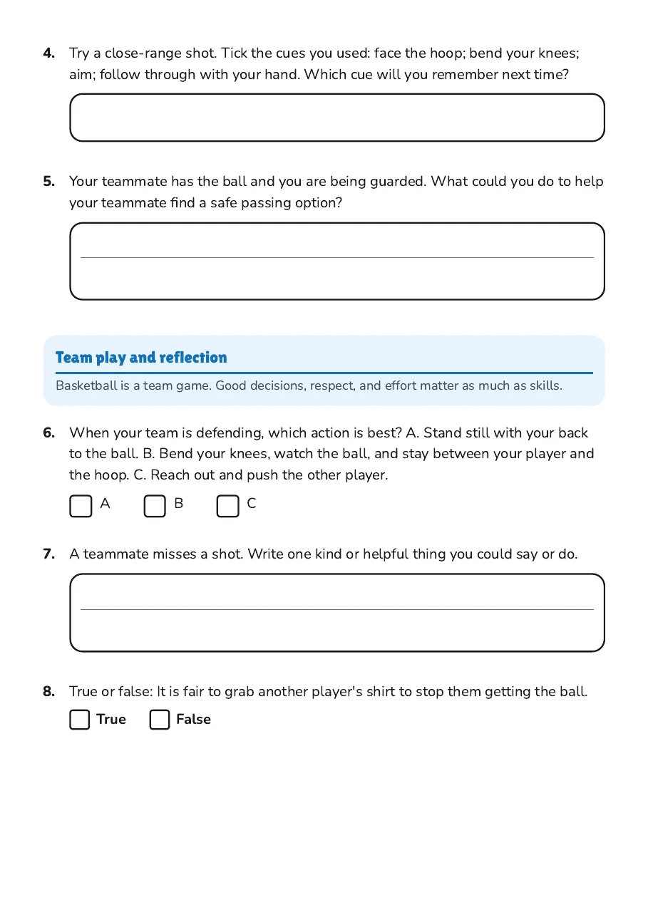 Basketball Skills Assessment Rubric, page 2 of 3: Team play and reflection