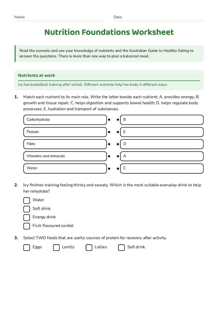 Nutrition Foundations Worksheet, page 1 of 3: Nutrients at work