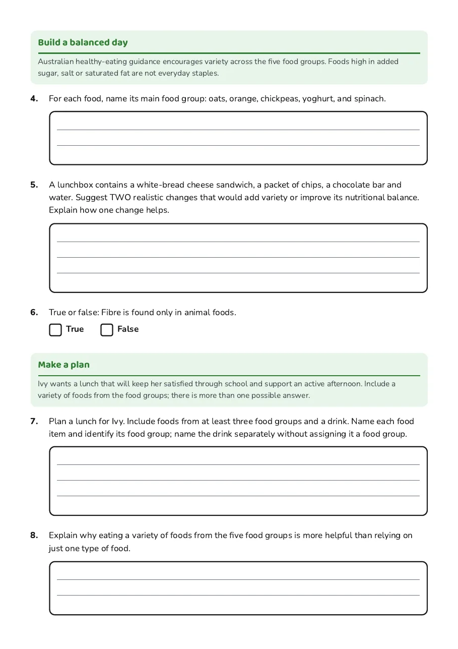 Nutrition Foundations Worksheet, page 2 of 3: Build a balanced day, Make a plan
