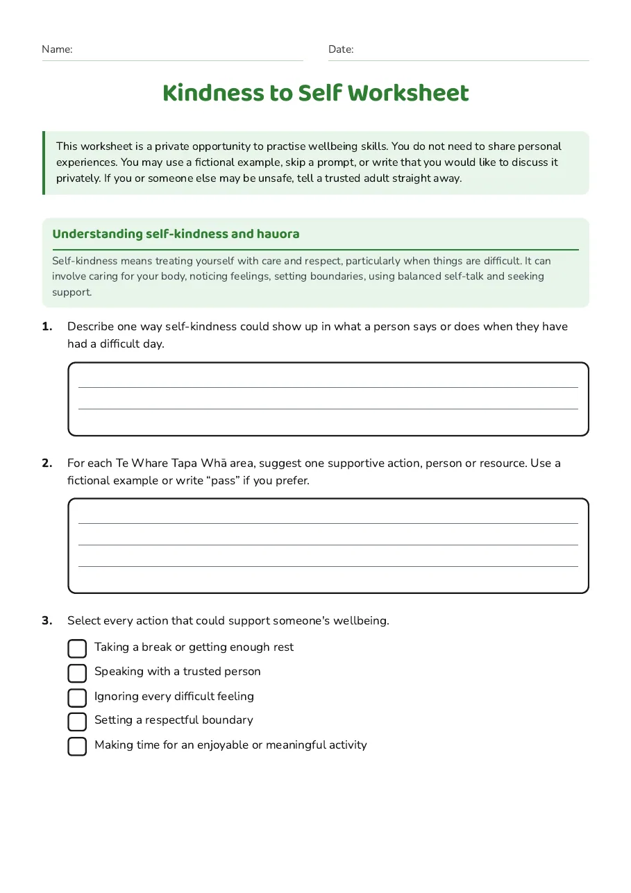 Kindness to Self Worksheet, page 1 of 3: Understanding self-kindness and hauora
