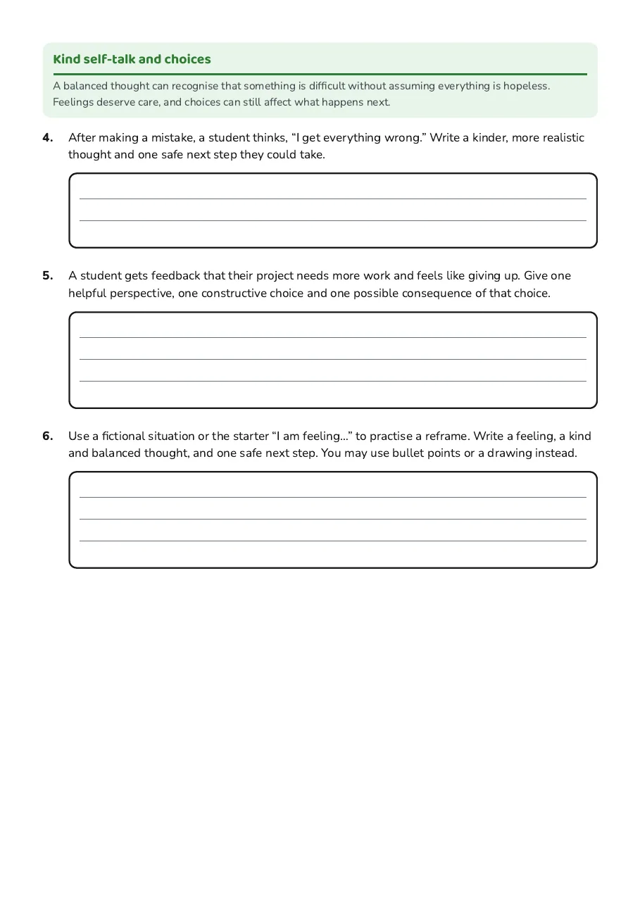 Kindness to Self Worksheet, page 2 of 3: Kind self-talk and choices