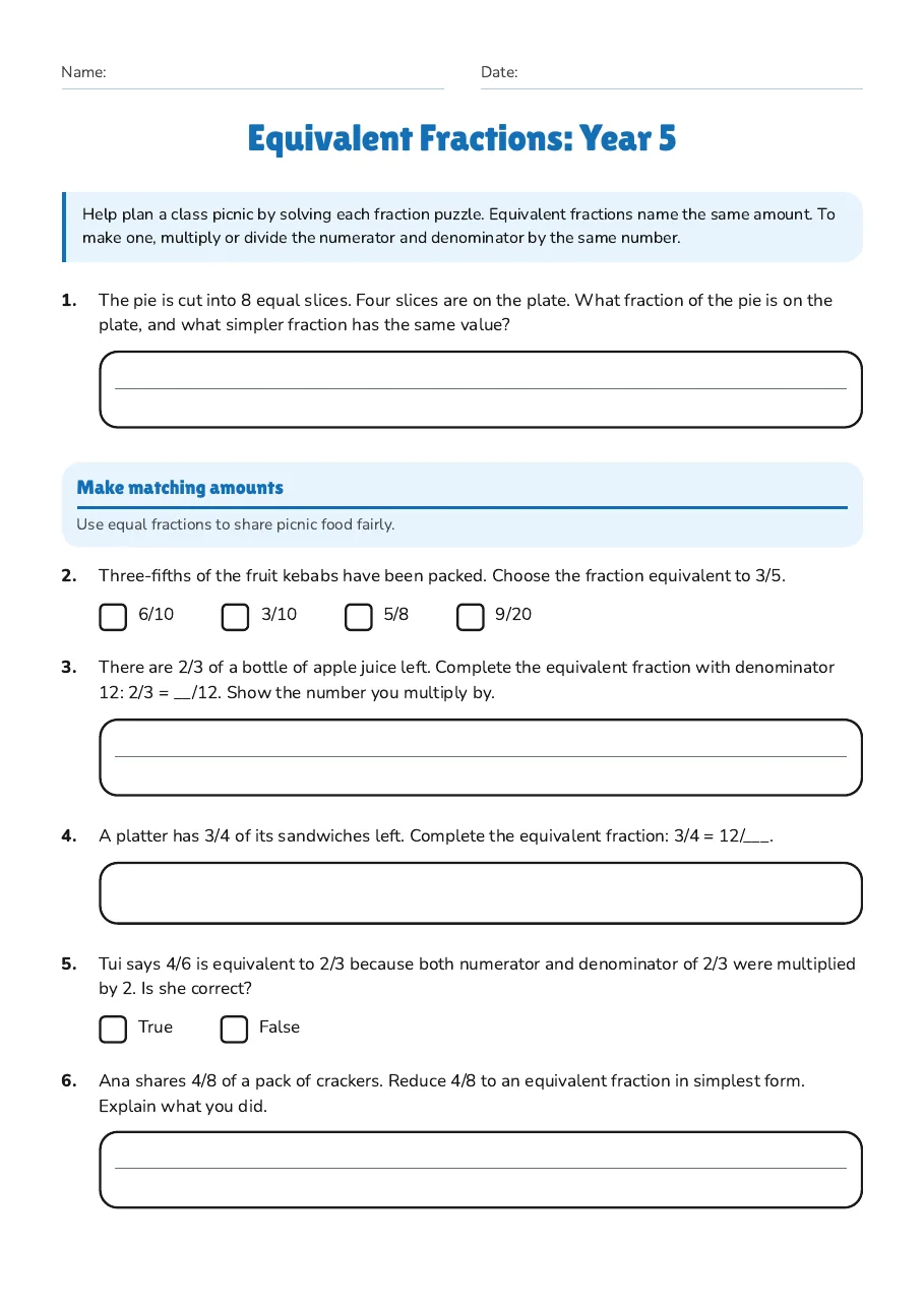 Equivalent Fractions: Year 5, page 1 of 2: Make matching amounts