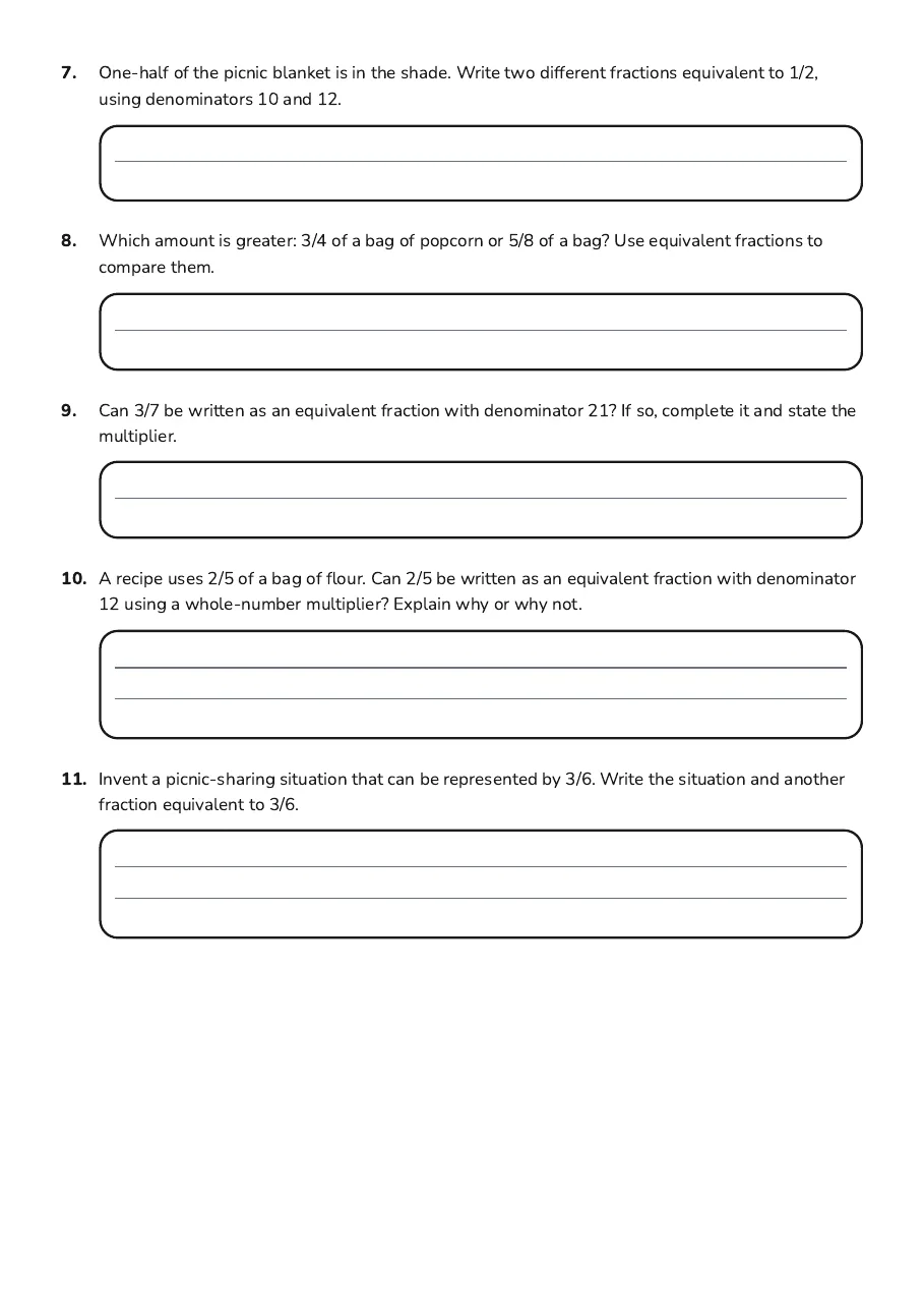 Equivalent Fractions: Year 5, page 2 of 2: 7. One-half of the picnic blanket is in the shade. Write two different fractions…