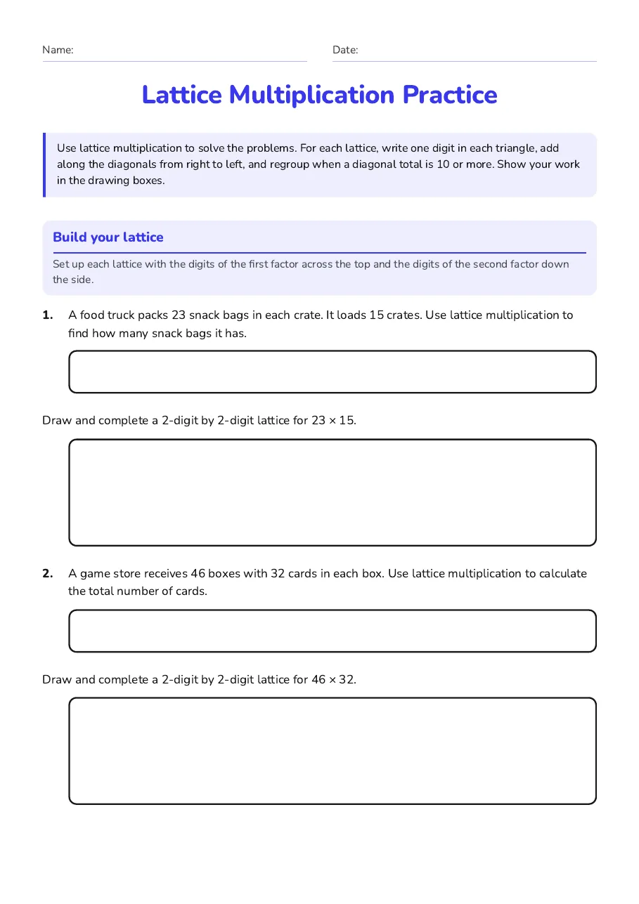 Lattice Multiplication Practice, page 1 of 3: Build your lattice