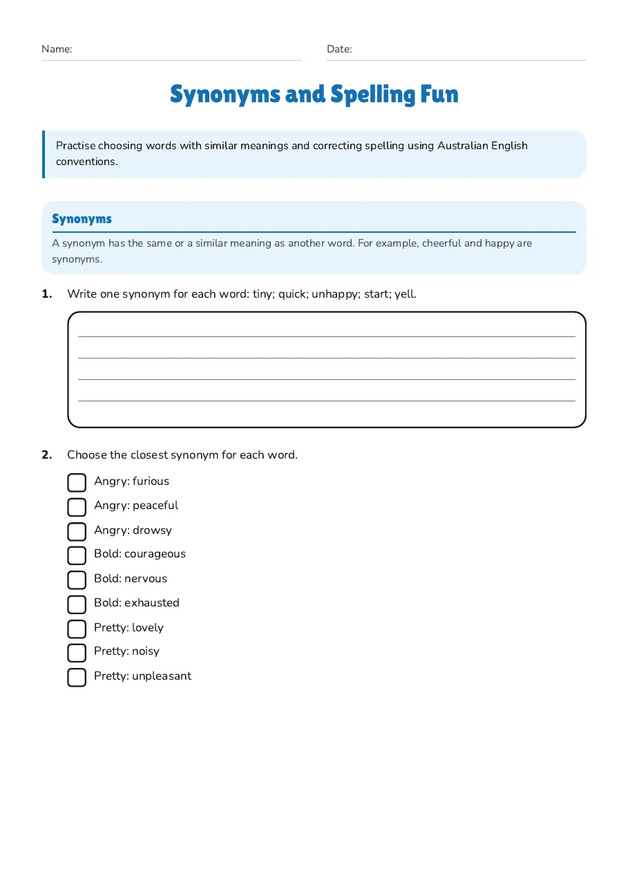Synonyms and Spelling Fun, page 1 of 3: Synonyms