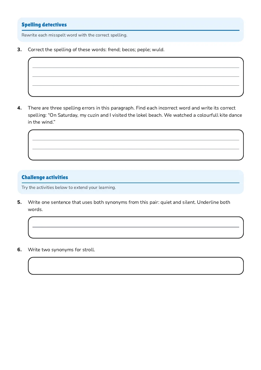 Synonyms and Spelling Fun, page 2 of 3: Spelling detectives, Challenge activities