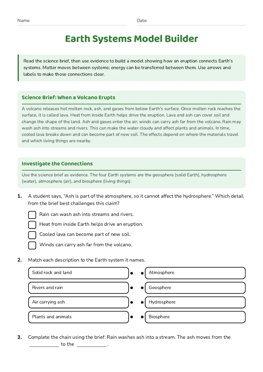 Earth Systems Model Builder, page 1 of 3: Science Brief: When a Volcano Erupts, Investigate the Connections