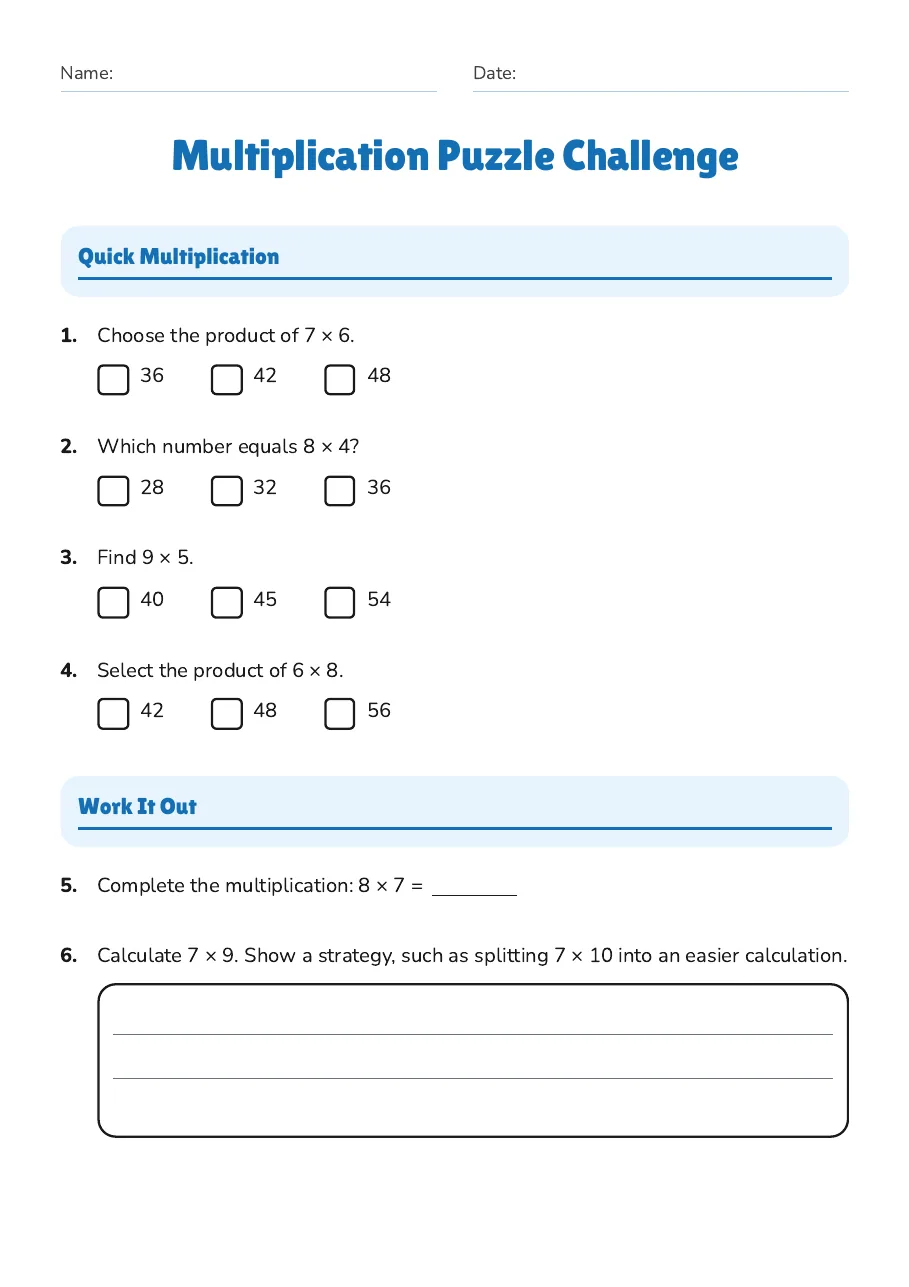 Multiplication Puzzle Challenge, page 1 of 2: Quick Multiplication, Work It Out