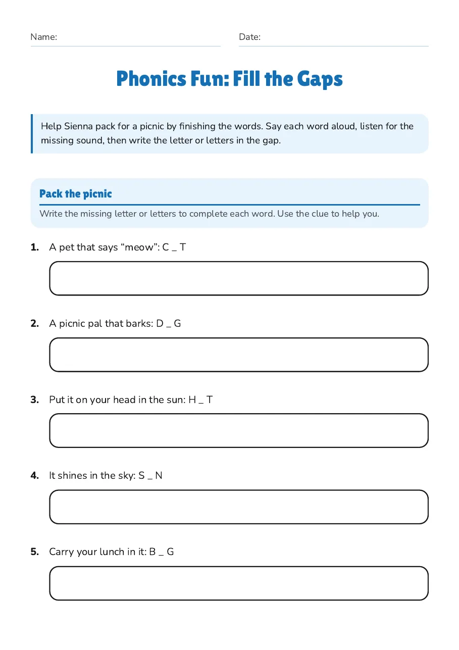 Phonics Fun: Fill the Gaps, page 1 of 2: Pack the picnic