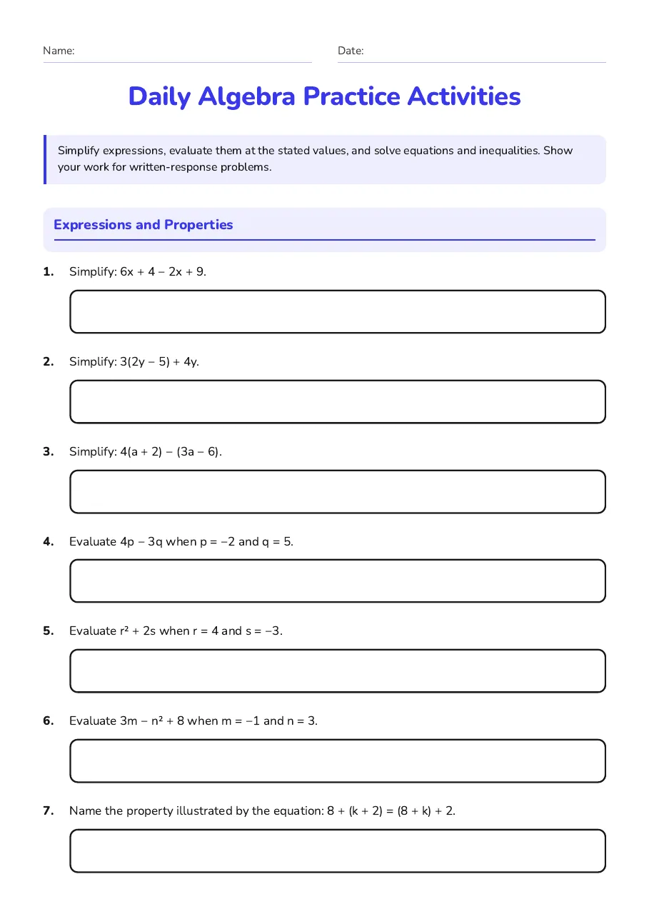 Daily Algebra Practice Activities, page 1 of 3: Expressions and Properties