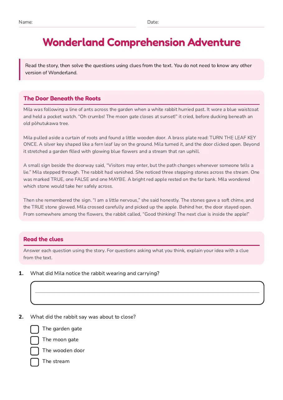 Wonderland Comprehension Adventure, page 1 of 3: The Door Beneath the Roots, Read the clues