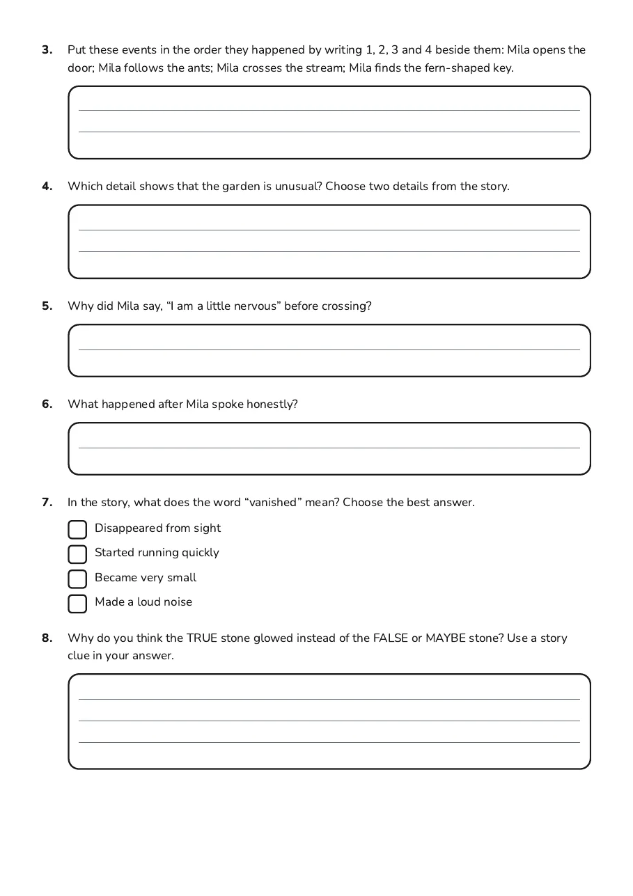 Wonderland Comprehension Adventure, page 2 of 3: 3. Put these events in the order they happened by writing 1, 2, 3 and 4 beside them: Mila…
