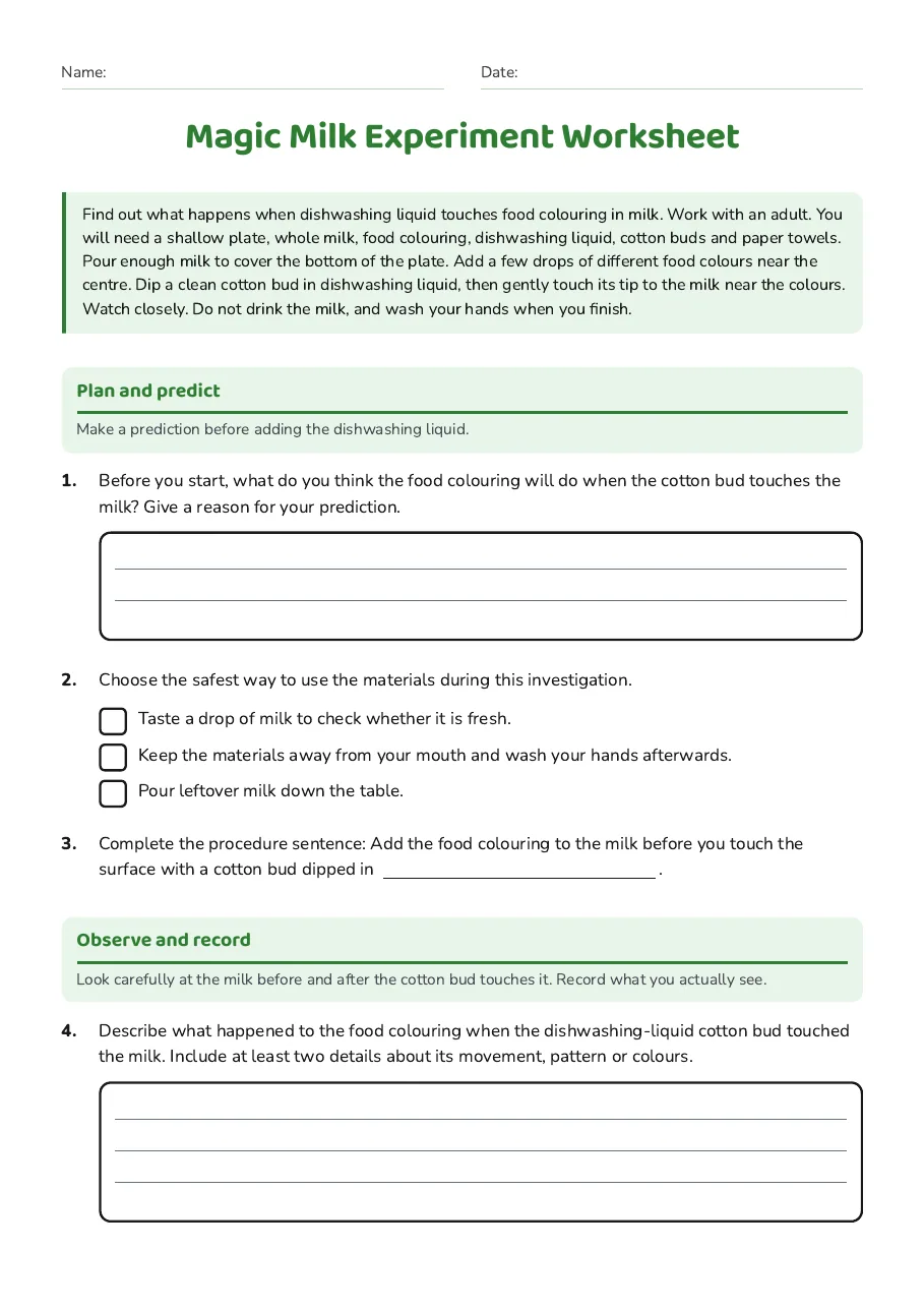 Magic Milk Experiment Worksheet, page 1 of 2: Plan and predict, Observe and record