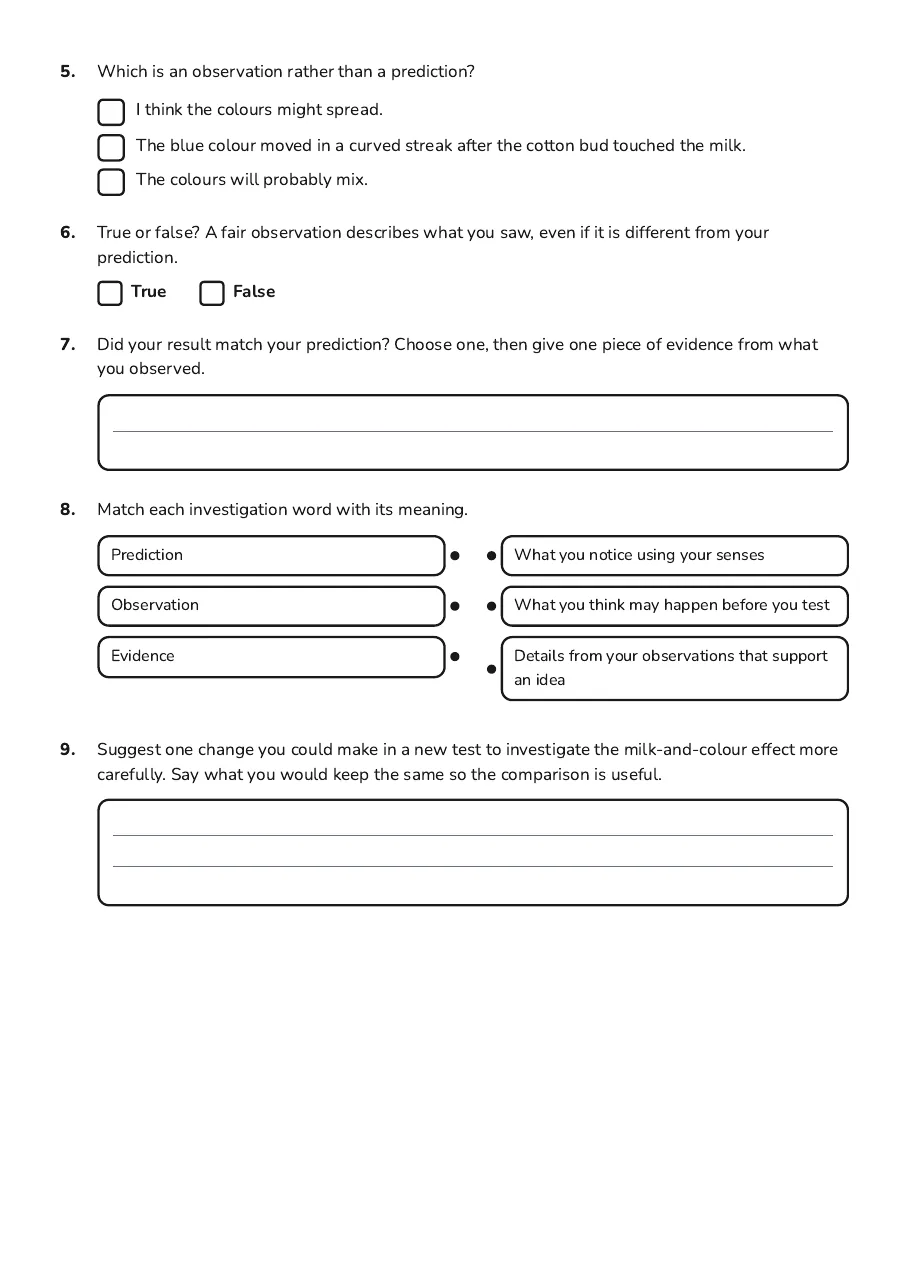 Magic Milk Experiment Worksheet, page 2 of 2: 5. Which is an observation rather than a prediction?