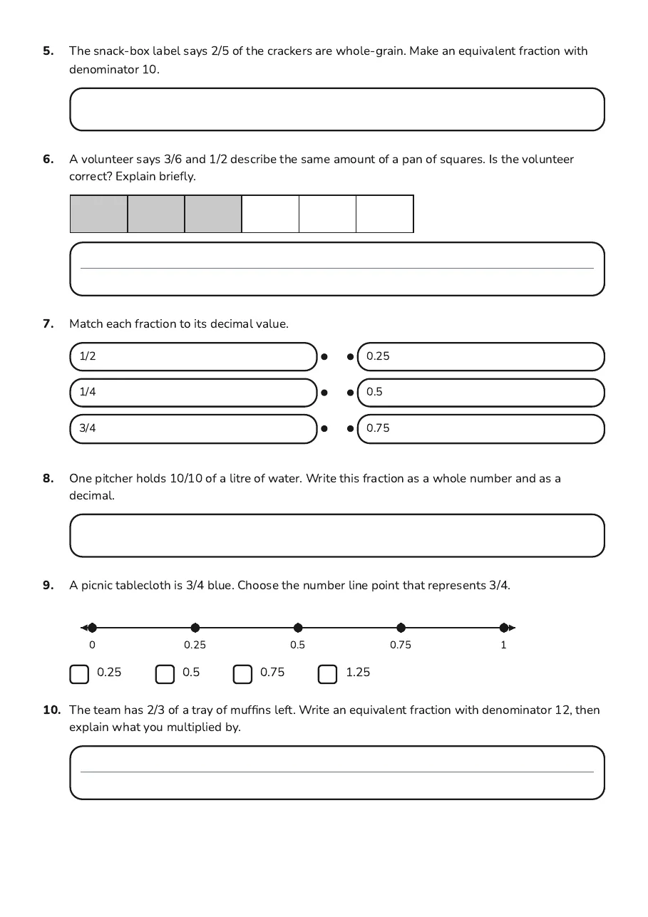 Understanding Fractions Made Easy, page 2 of 3: 5. The snack-box label says 2/5 of the crackers are whole-grain. Make an equivalent…